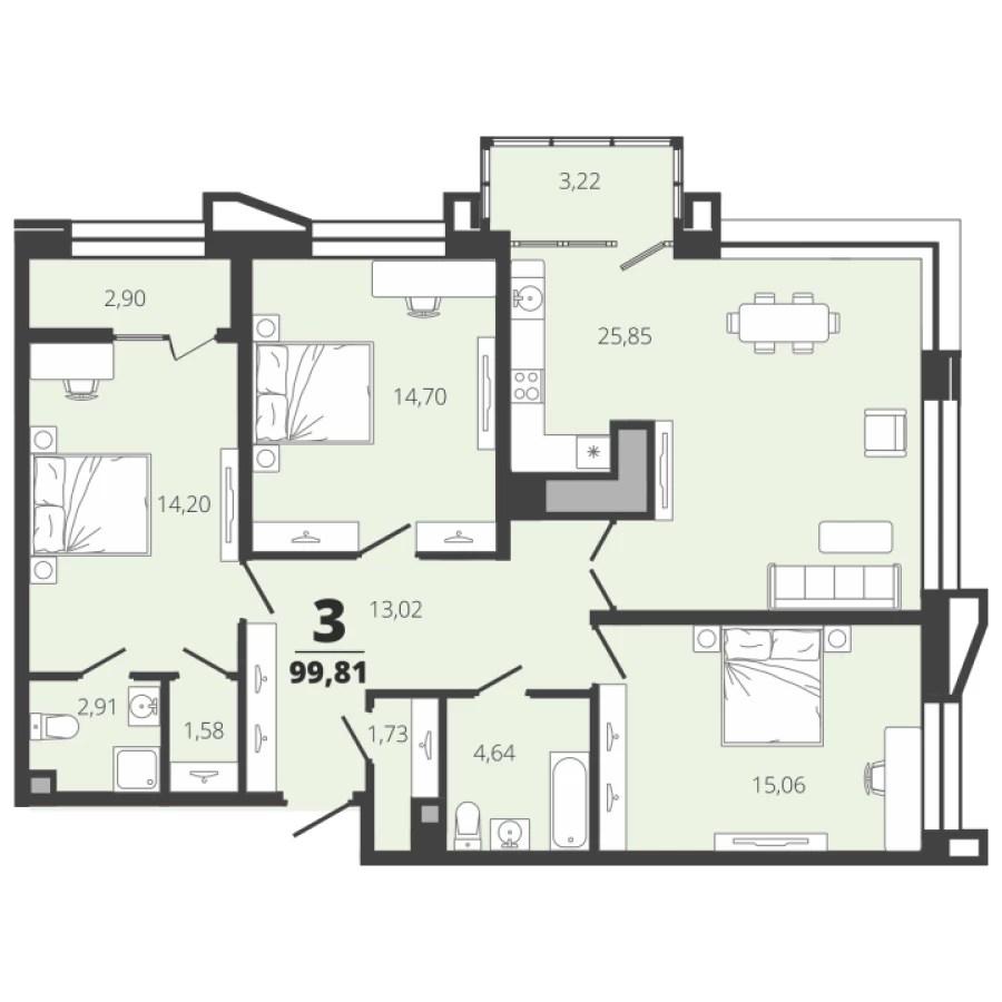Купить недвижимость в г. Рязань, Центр, квартиры от застройщика в новом ЖК, трехкомнатная 99,81 кв. м. 7 этаж, 2 секция